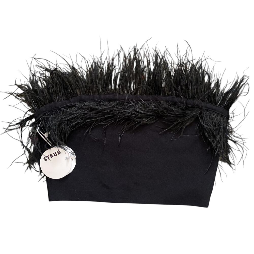 NWT Staud Black Nellie Feather Trim Top L